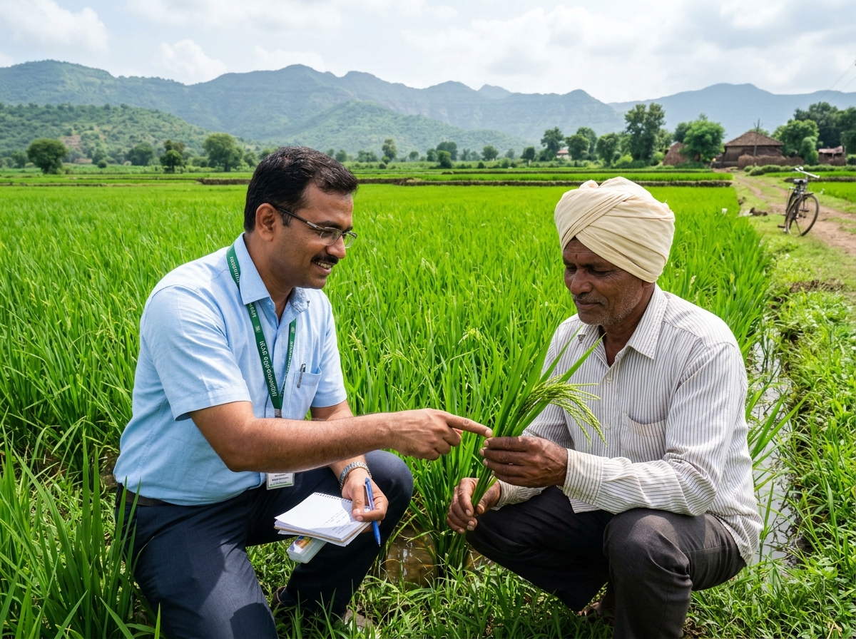 Agricultural expert advising farmer on crop disease and pest solutions in lush paddy field