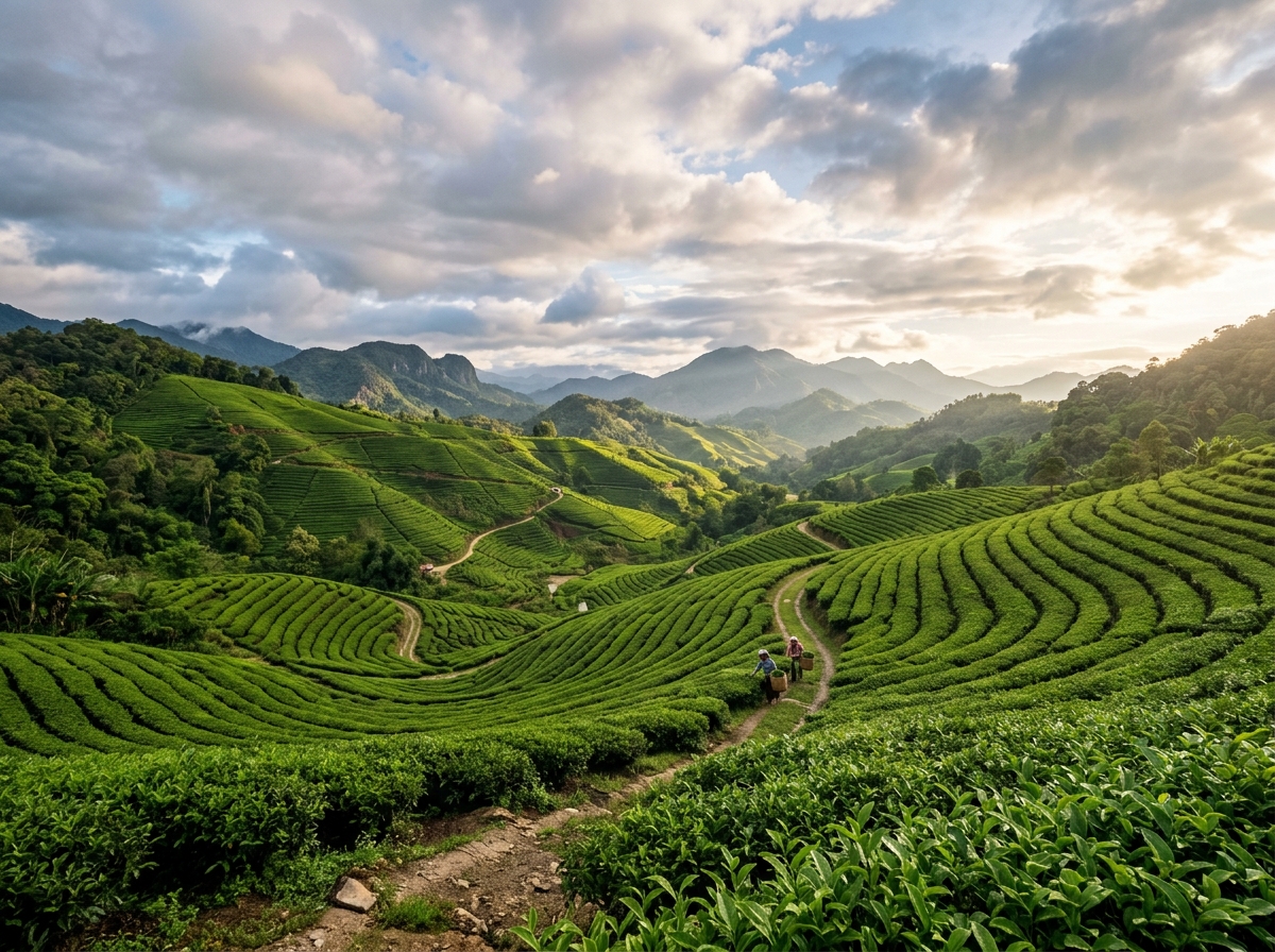 Breathtaking panoramic view of green agricultural plantation fields