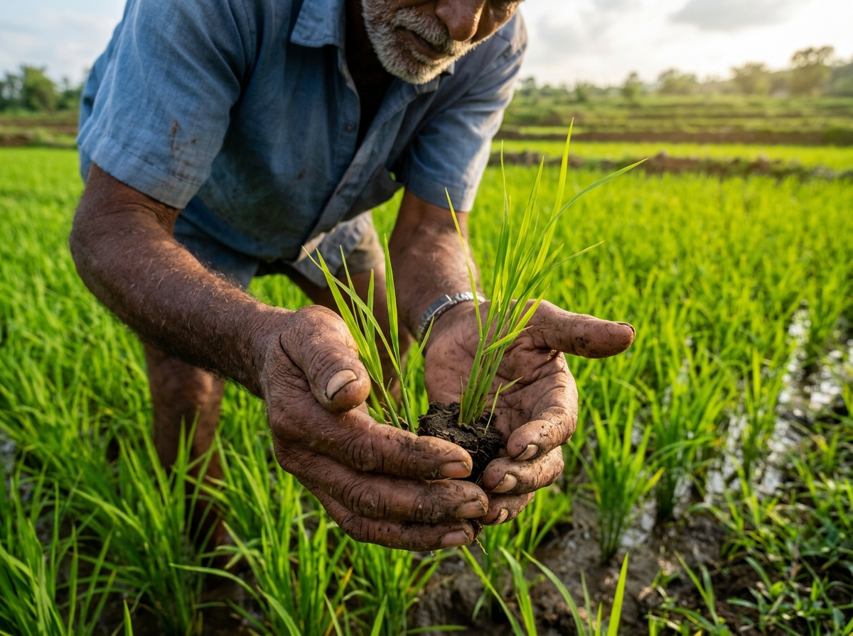 Farmer's hands carefully cupping and inspecting young green crop seedlings
