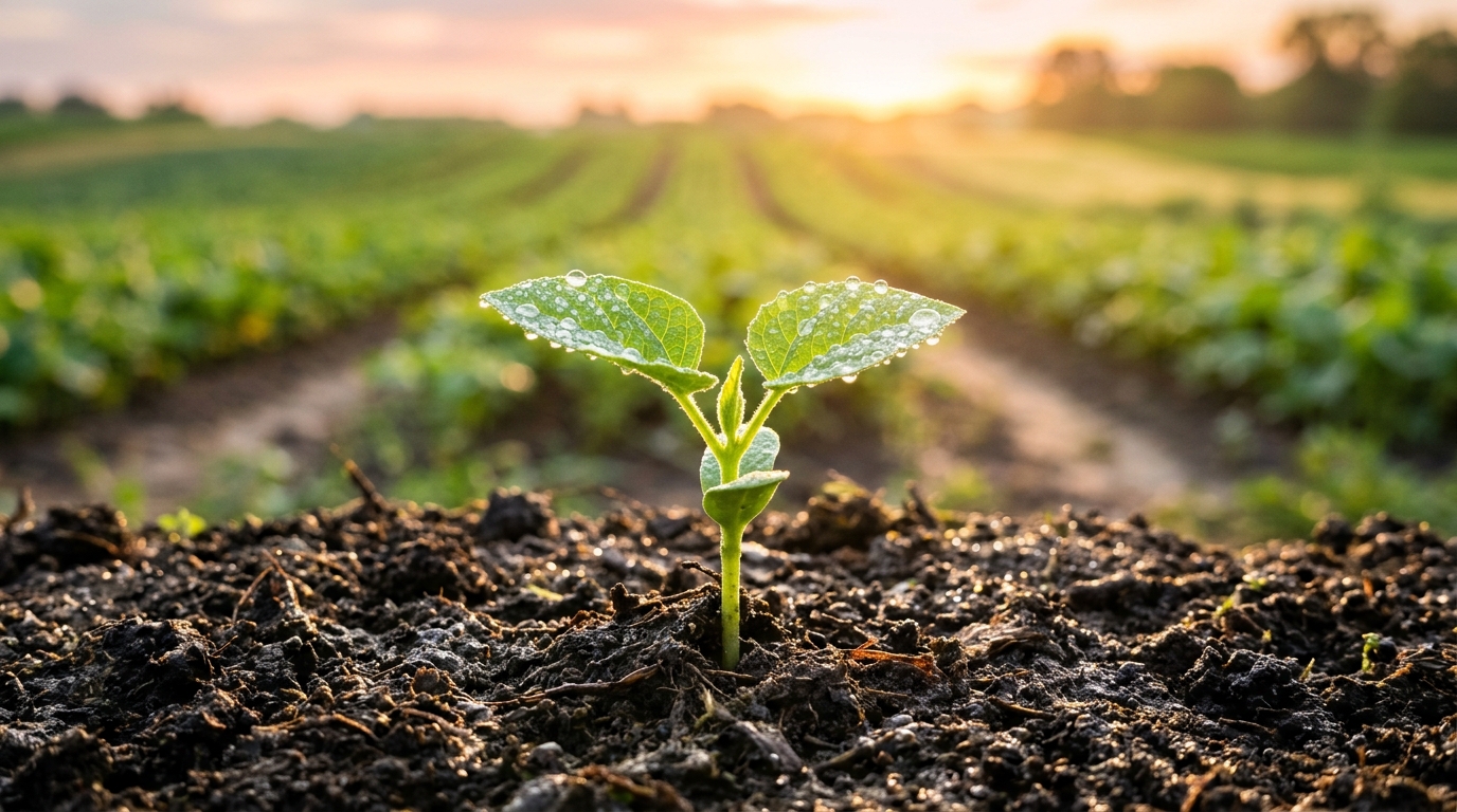 Young green seedling emerging from fertile farm soil at sunrise
